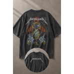 Fuddy Moda Unisex Gözlü Metallica Sırt Baskılı Yıkamalı Tişört, Oversize Rock-Metal Baskılı Retro T-Shirt