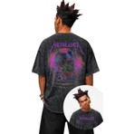 Unisex Kuru Kafa Mor Metallica Sırt Baskılı Yıkamalı Tişört, Oversize Rock-Metal Baskılı T-Shirt