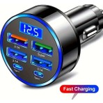 6 Portlu Hızlı Araç Şarj Cihazı – 4 USB + 2 Type-C Çıkışlı Dijital Göstergeli Oto Şarjı