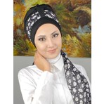 Tek Biritli Floral Desenli Fularlı Bone - Siyah - Butik Ambar