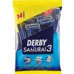 Derby Samurai 3 Tıraş Bıçağı - Krom Seramik Platin Kaplama, Oynar Başlıklı, E Vitamini İçeren, Erkekler İçin 14'lü Paket