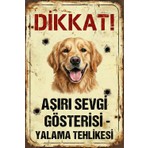 Dikkat Köpek Var - Golden Retriever Uyarı Levhası - Paslanmaz Metal Görünümlü Dekoratif Tabela
