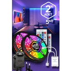 Suled RGB Duvar Tavan Şerit Led Işık 5mt x 2'li Set 12 V Kumandalı 16 Renk Ambiyans Özellikli Yapışkanlı 10 Metre