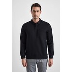 Süvari Siyah Regular Düz Baskısız Selanik Düğmeli Polo Yaka Torba Cep Trikolu Sweatshirt