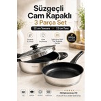 Kochler 22 cm Seramik Iç Yüzeyli Çelik Tencere Tava Seti, Süzgeçli Cam Kapaklı 3 Parça, Tüm Ocak Uyumlu