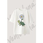 Vento Luna Turtle Daisy Tasarım Baskılı Unisex Oversize Kalıp Beyaz Tshirt