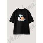 Kediler Klima Tasarım Baskılı Unisex Oversize Kalıp Siyah Tshirt