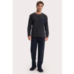 Tudors Erkek Standart Fit Rahat Kesim Uzun Kollu Pamuklu Gri Lacivert Pijama Takımı