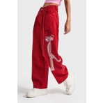 It's Basic Kadın Kırmızı Renk 6s5-19 Wide Pleat Leg Rahat Kesim Panter Nakışlı Tasarım Denim Jean