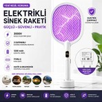 Byanes Şarjlı Sinek Raketi USB Type-C Elektrikli Standlı Sivrisinek Öldürücü El Tipi Mor Işıklı Dijital Ekranlı