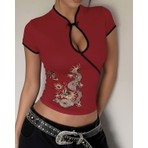 Touz Mandarin Yaka Ejderha Motifli Vintage Qipao Kısa Kollu Crop