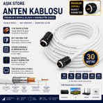 AŞIK STORE 30 Metre Premium Anten Kablosu %100 Bakır Iç Iletken Contalı Black F Konnektör Çakılı Koaksiyel Tv Uydu Kablosu