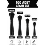 Nextra 3.6X150-200-250-300 mm Kablo Bağı Set  -Siyah  Cırt Kelepçe - Plastik Kelepçe  (100 Adet)