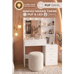 Robin Home Hollywood LED Işıklı Puflu Makyaj Masası Takımı 4 Çekmeceli Düzenleyici Raflı Beyaz