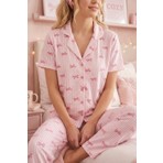 Fit Women Kadın Pembe Kurdele Desenli Bürümcük Kumaş Kısa Kollu Pijama Takımı 6064