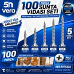 5n Vera 100 Parça Sunta Vidası Seti | Ahşap Vidası | Yhb Yıldız Havşa Başlı | Ph2 Uyumlu | 3.5X13 3.5X16 3.5X30 4X50 5X45