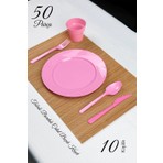 Ezupack 50'li Lüx Sert Plastik Parti Doğum Günü Sunum Seti 10 Kişilik Pembe Renkli Tabak Bardak Çatal Kaşık Bıçak