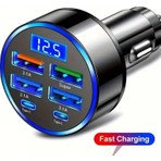 6 Portlu Hızlı Araç Şarj Cihazı – 4 USB + 2 Type-C Çıkışlı Dijital Göstergeli Oto Şarj