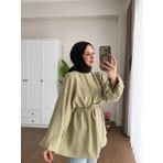 Moonsc Kadın Balon Kol Bel Bağlamalı Standart Beden Haki Tunik Tesettür Gömlek