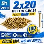 5n Vera 2X20 Beton Çivisi 100 Adet | Sarı Kaplama Çelik Beton Duvar Çivisi | 2 mm x 20 mm | Beton Tuğla Montaj Çivisi