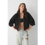 Ethiquet Valıt Kadın Çift Cepli Eteği ve Kol Ucu Lastikli Fermuarlı Oversize Siyah Sweatshirt