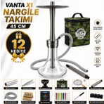 Han Tobacco Vanta X1 Premium Nargile Takımı 45 cm | 12 Parça Hediye Seti | Gri Burgulu Marpuç | Porselen Lüle | Çanta ve Aksesuarlar