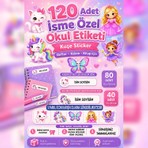 Cabuk Baskı Kız Çocuklara Özel 120 Adet Isime Özel Okul Etiketi Seti 5 Sevimli Temalı Defter Kitap ve Kalem Etiketi