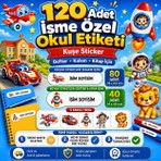 Cabuk Baskı Erkek Çocuklara Özel 120 Adet Isimli Okul Etiketi Sticker Seti 5 Figürlü Defter Kitap ve Kalem Özel Isimli Okul Etiketi