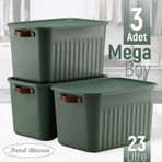 Trend Maison Yeşil Dekoratif Saklama Kutusu 23 Litre 3 Parça Çok Amaçlı Düzenleyici ve Organizer