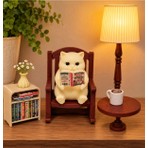 Printech3d Kitap Okuyan Kedi Biblo Lamba Seti - Retro Tasarım Dekoratif Gece Lambası + Mum Hediye
