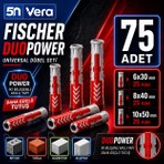 Fischer Duopower 75 Adet 3 Boy Universal Dübel Seti | 6X30 mm 25 Adet + 8X40 mm 25 Adet + 10X50 mm 25 Adet | Beton Tuğla Gazbeton Alçıpan