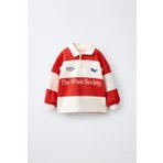 Magu Çocuk Pamuklu Balina Nakışlı Kırmızı Ekru Çizgili Polo Yaka Sweatshirt