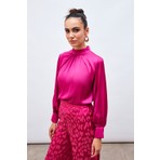 Sateen Yaka Detaylı Saten Bluz - Fuşya