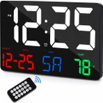 MDSTECH Dijital Duvar Saati Büyük Ekran 25X16 cm Renkli LED Tarih Gün Sıcaklık Alarm Uzaktan Kumandalı