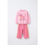 Magu Kız Çocuk Kedi Baskılı Pembe Sweatshirt ve Çizgili Bol Paça Eşofman Takımı