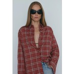 Suud Collection Kırmızı Slone Ekose Gömlek Uzun Kollu Günlük Stil Pamuk Kumaş Desenli Oversize Fit