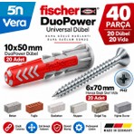 Fischer Duopower 10X50 mm Universal Dübel + 6X70 mm Havşa Başlı Sivri Vida Seti | 20+20 Adet, 40 Parça Beton Tuğla Duvar Montaj Seti