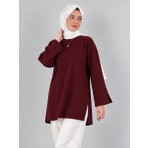 Kadın Bordo Oversize Modal Kumaş Yırtmaç Detaylı Bisiklet Yaka Tesettür Tunik