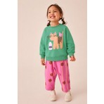 Monila Kız Çocuk Yeşil Kedi Baskılı Pamuklu Sweatshirt ve Pembe Puantiyeli Eşofman Alt Üst Takım