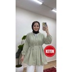 Moonsc Kadın Rahat Kalıp Nervürlü Haki Keten Tesettür Gömlek