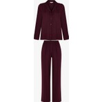 Penti Bordo Maroon Saten Çizgili Uzun Kollu Gömlek Pantolon Pijama Takımı