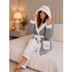 Caspara Kedi Nakışlı Kapüşonlu Premium Kadın Wellsoft Premium Wellsoft Peluş Sabahlık / Bornoz