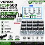 Venoa ICSP600 İmbus Civata Somun Pul Seti M3 M4 M5 600 Adet Çantalı Alyan Başlı Vida Seti