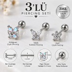 Heppii 3'lü Piercing Seti Hologram Çiçek Minik Kelebek Zarif Çiçek Helix Tragus Lobe 316L Cerrahi Çelik