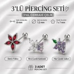 Heppii 3'lü Piercing Seti 316L Çelik Helix Tragus Kıkırdak Deniz Yıldızı Çiçekli Kelebekli Mor Çiçekli Salkım Model 3 Adet Piercing