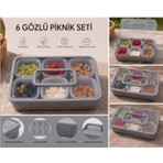 Azesur 6 Gözlü Kapaklı Taşıma Çantalı Piknik & Kahvaltılık Seti Taşınabilir Saklama Kabı, Piknik Seti, Kahvaltı Kapları