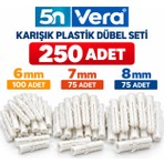 5N Vera 250 Adet Plastik Dübel Seti (6mm-7mm-8mm) Yüksek Dayanıklı Duvar ve Beton Montaj Dübeli