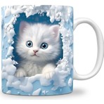 Renkli Gözlü Kedi (Soft Mavi) Baskılı 3D Efektli Hediyelik Porselen Kupa Bardak, Kedili Kupa Bardak