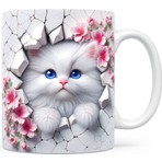 Pembe Çiçekli Sevimli Kedi Temalı 3D Efektli Porselen Kupa Bardak - Kedili Kupa Bardak