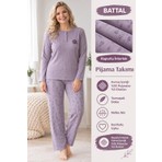 Lindros Kadın Düğme Yaka Raporlu Interlok Kışlık Battal Pijama Takımı 03016 - 1 Adet